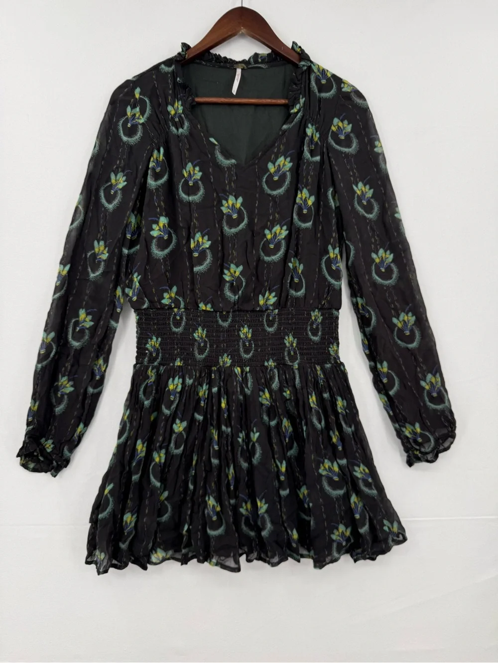 Free People Printed Smocked Mini Dress S Black Floral Sheer Long Sleeve Boho